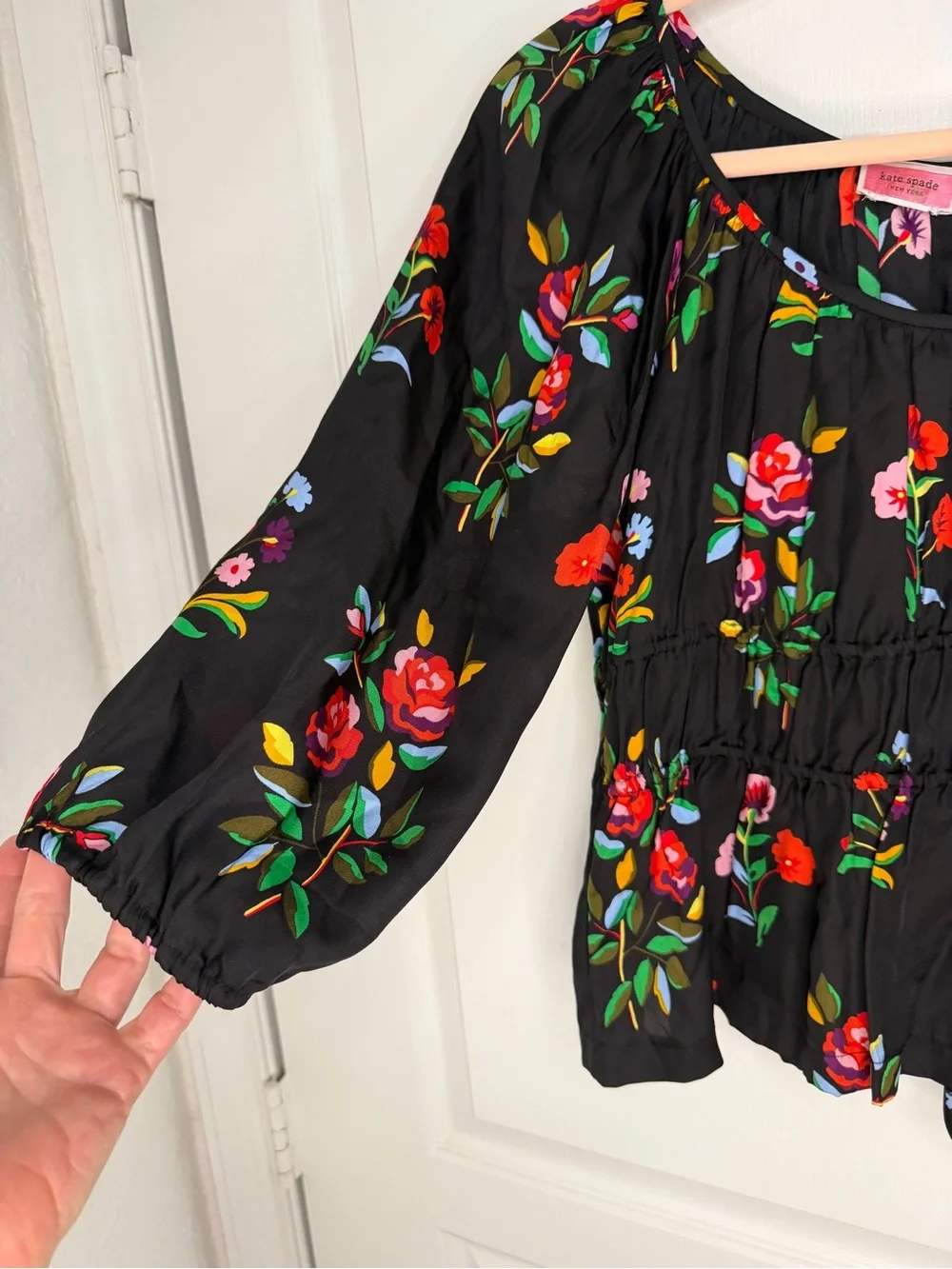 Kate Spade  Floral Riviera Smocked Puff Sleeve - Black/Multi- S- MSRP $268